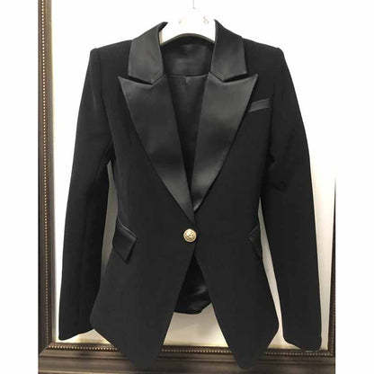 Women's Luxury Satin Collar Blazer Golden Lion Buttons Black