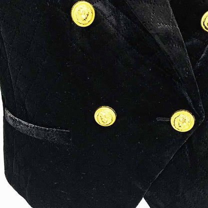 Women Golden Lion Buttons Big Pin Brooch Velvet Quilted Jacket Short Fitted Blazer Black