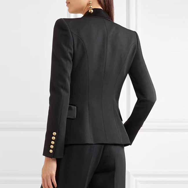 Women's Luxury Satin Collar Blazer Golden Lion Buttons Black