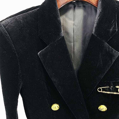 Women Golden Lion Buttons Big Pin Brooch Velvet Quilted Jacket Short Fitted Blazer Black