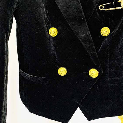 Women Golden Lion Buttons Big Pin Brooch Velvet Quilted Jacket Short Fitted Blazer Black