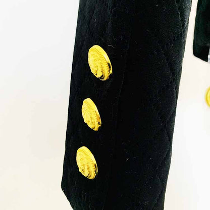 Women Golden Lion Buttons Big Pin Brooch Velvet Quilted Jacket Short Fitted Blazer Black