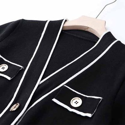 Women's Rib Knit Tie Waist Midi Dress Black Knit Cardigan