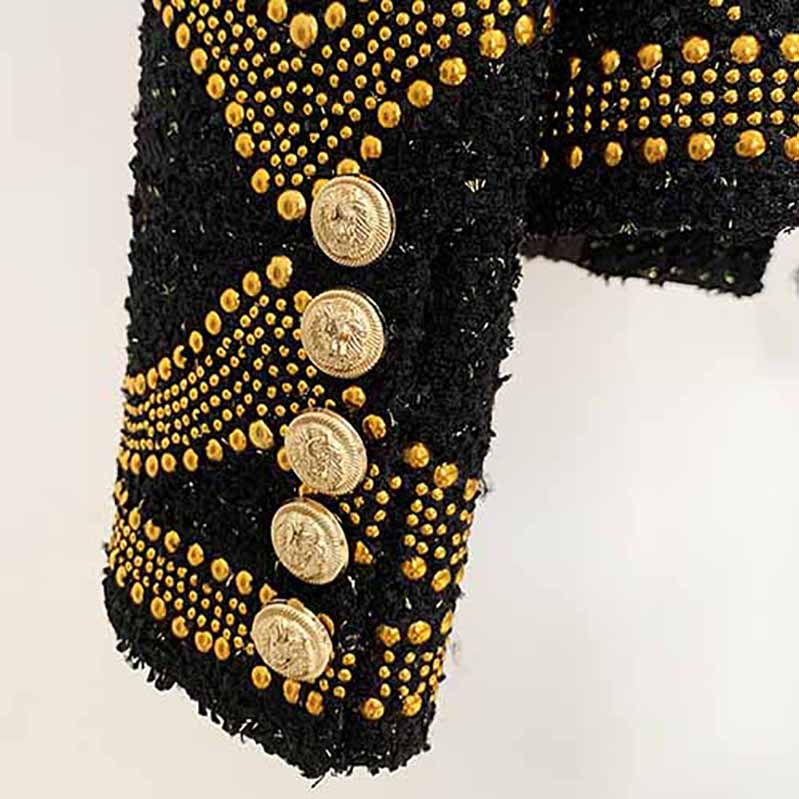 Ladies Gold Metal Beaded Tweed Woolen Round Neck Jacket Black