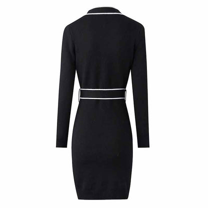 Women's Rib Knit Tie Waist Midi Dress Black Knit Cardigan