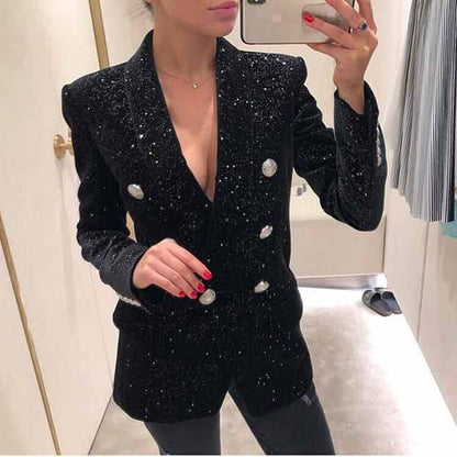 Women's Double Breasted Blazer Gold Buttons Autumn Winter Black Velvet Jacket