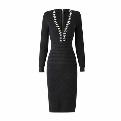 Women's Deep V Sweater Midi Dress Black Body-con Dress