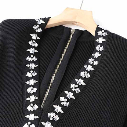 Women's Deep V Sweater Midi Dress Black Body-con Dress