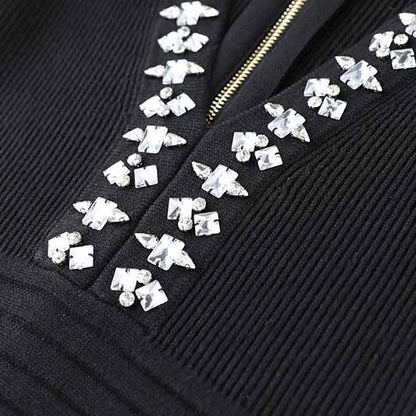 Women's Deep V Sweater Midi Dress Black Body-con Dress