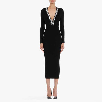 Women's Deep V Sweater Midi Dress Black Body-con Dress