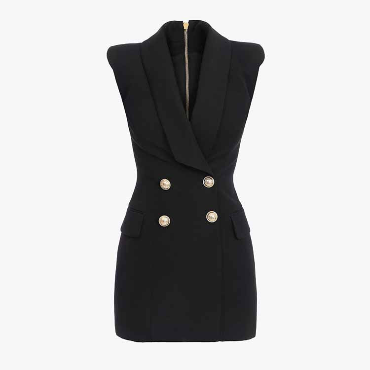 Black Double Breasted Gold Button Business Dress Sleeveless Formal Mini Dresses