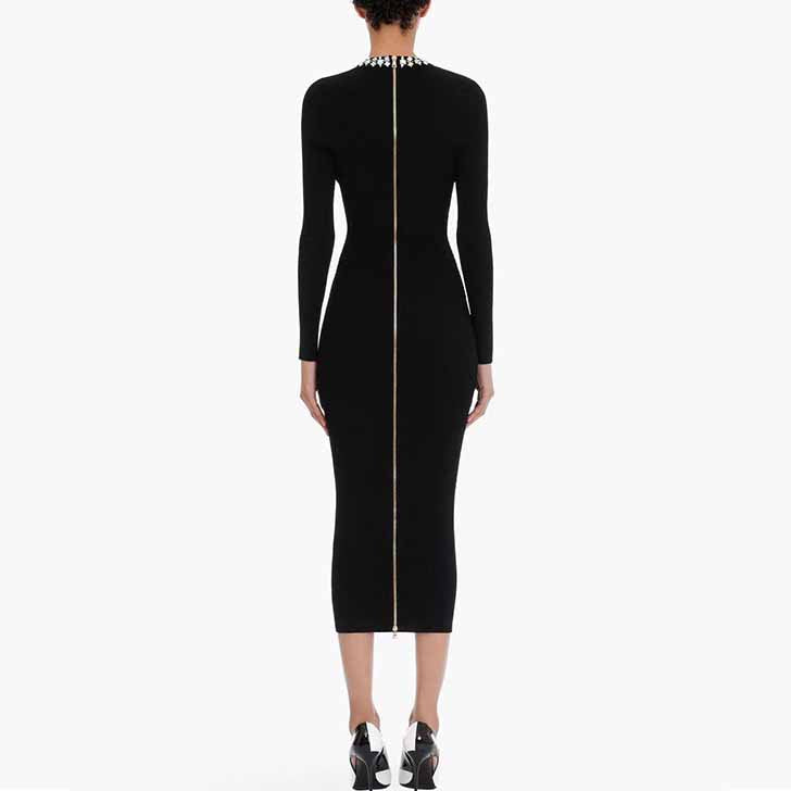 Women's Deep V Sweater Midi Dress Black Body-con Dress