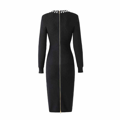 Women's Deep V Sweater Midi Dress Black Body-con Dress