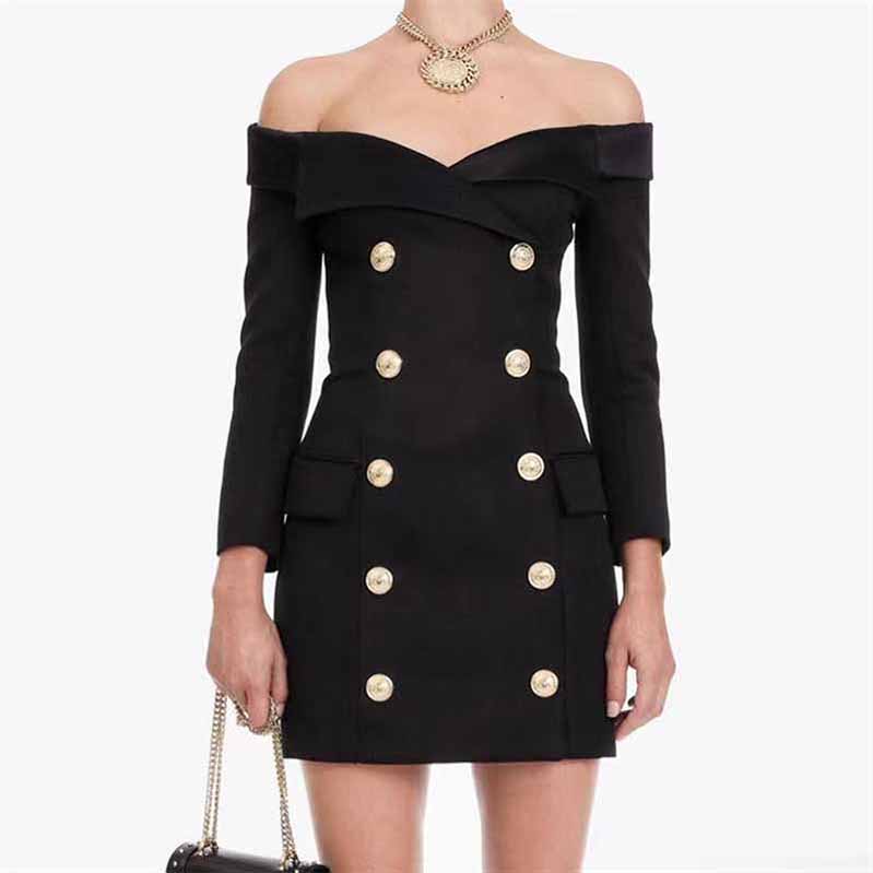 Off The Shoulder Long Sleeves Black Double Breasted Mini Dresses