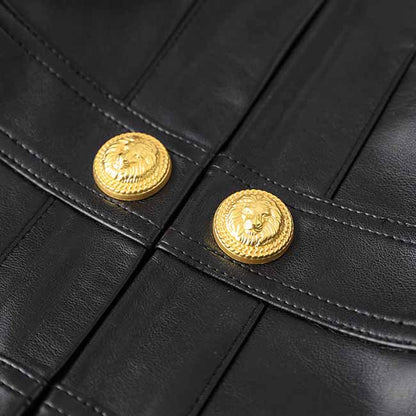 Women's Fitted Faux Leather Golden Lion Buttons Short Crop Jacket
