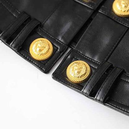 Women's Fitted Faux Leather Golden Lion Buttons Short Crop Jacket