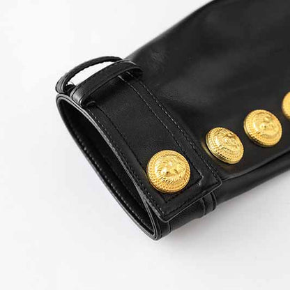 Women's Fitted Faux Leather Golden Lion Buttons Short Crop Jacket