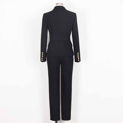Women's Pantsuit Gold Button Tie Belt Double Breasted Two Pieces Jacquard Suit