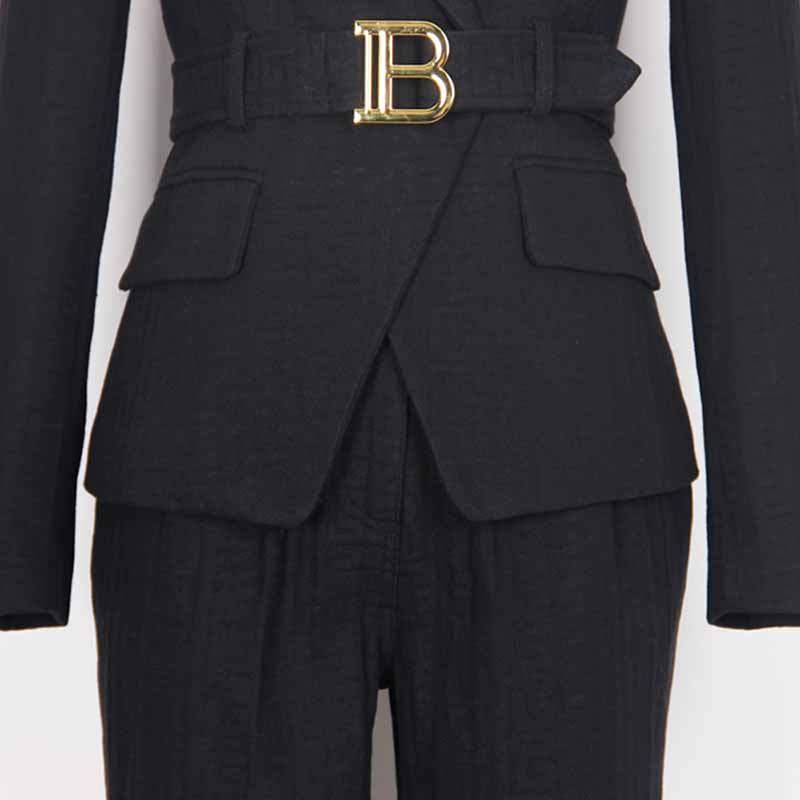 Women's Pantsuit Gold Button Tie Belt Double Breasted Two Pieces Jacquard Suit