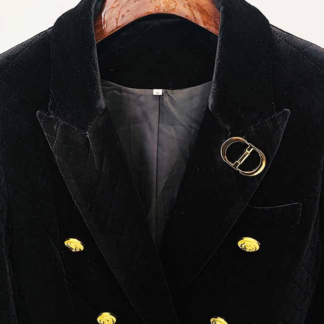 Women Luxury Golden Lion Buttons Velvet Quilted Jacket Fitted Blazer