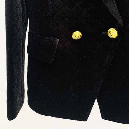 Women Luxury Golden Lion Buttons Velvet Quilted Jacket Fitted Blazer
