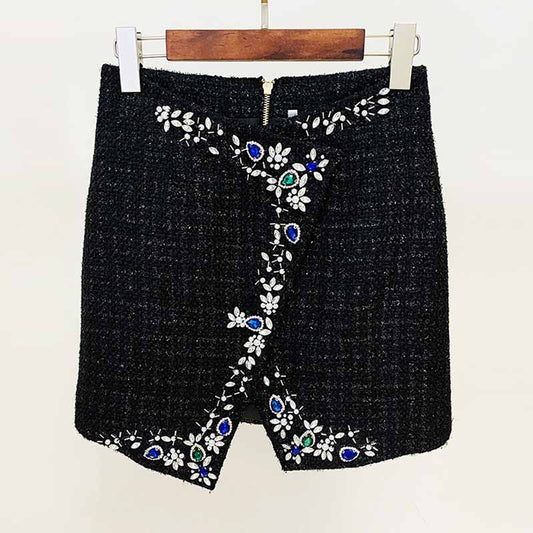 Hight Waisted Black Woolen Cloth Skirt With Beaded Mini Skirt for Ladies