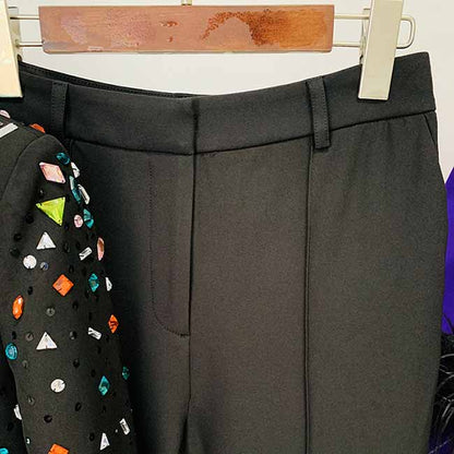Women Luxury Colorful Stones Embroidery Blazer + Mid-High Rise Flare Trousers Pantsuit Suit Black