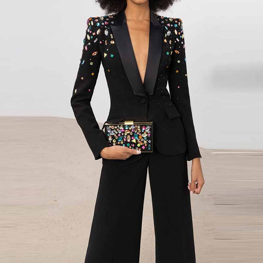 Women Luxury Colorful Stones Embroidery Blazer + Mid-High Rise Flare Trousers Pantsuit Suit Black