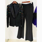 Women Luxury Colorful Stones Embroidery Blazer + Mid-High Rise Flare Trousers Pantsuit Suit Black