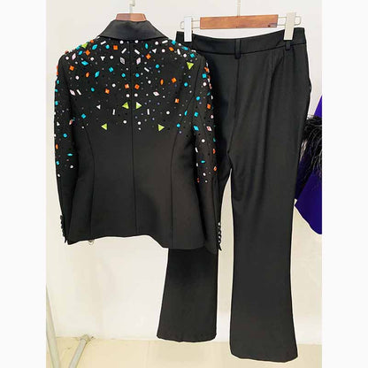 Women Luxury Colorful Stones Embroidery Blazer + Mid-High Rise Flare Trousers Pantsuit Suit Black
