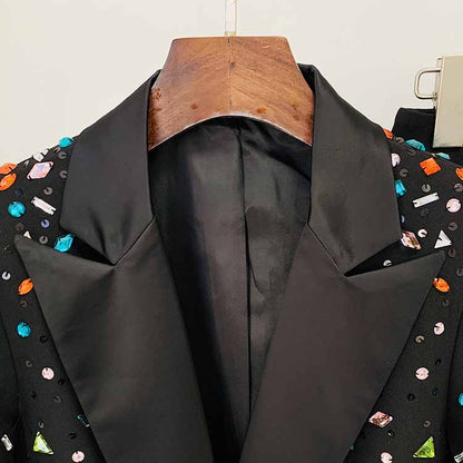 Women Luxury Colorful Stones Embroidery Blazer + Mid-High Rise Flare Trousers Pantsuit Suit Black