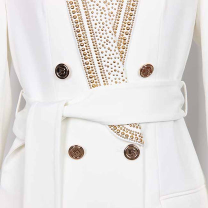 Women's Shawl Collar Belted Mid- Length Studded Black Blazer Lion Buttons