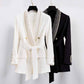 Women's Shawl Collar Belted Mid- Length Studded Black Blazer Lion Buttons