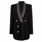 Women's Shawl Collar Belted Mid- Length Studded Black Blazer Lion Buttons