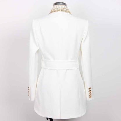 Women's Shawl Collar Belted Mid- Length Studded Black Blazer Lion Buttons