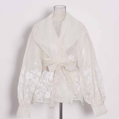 Women French Court Style Printed Shirt Lace Up Blouse