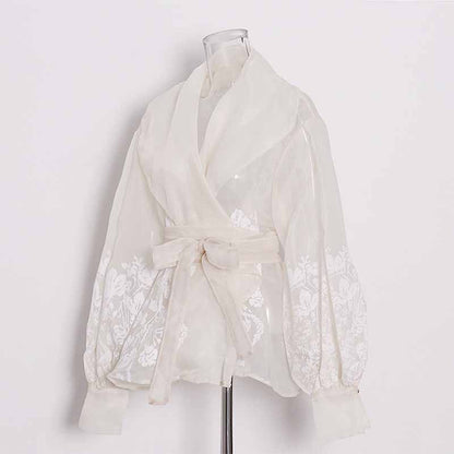 Women French Court Style Printed Shirt Lace Up Blouse