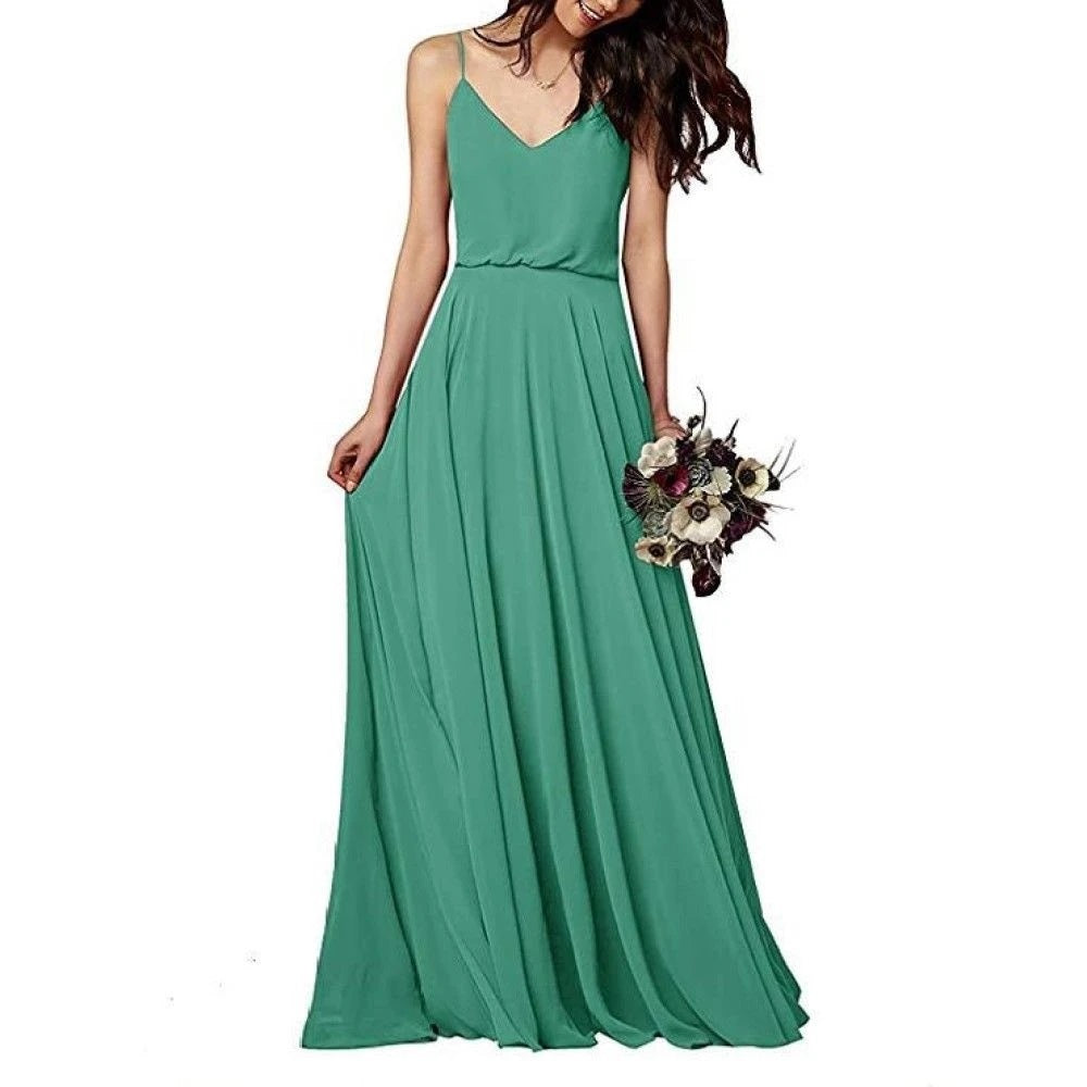 Women's Long Spaghetti Straps Prom Dress Chiffon Bridesmaid Dresses