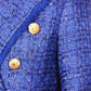 Women Tassel Fringe Trim Metal Lion Buttons Golden Checked Tweed Blazer Jacket Royal Blue