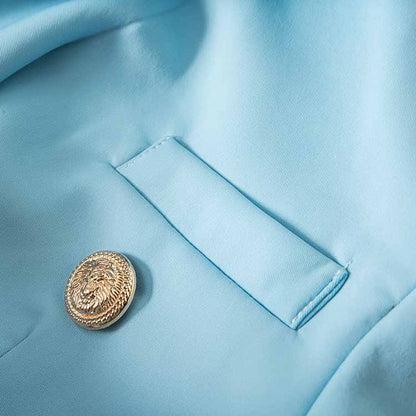 Women Light Blue Double Breasted Blazer Gold Buttons Jacket