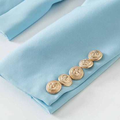 Women Light Blue Double Breasted Blazer Gold Buttons Jacket