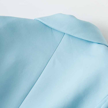 Women Light Blue Double Breasted Blazer Gold Buttons Jacket