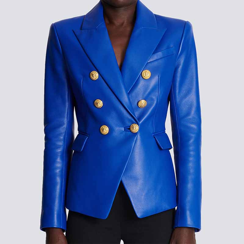 Women's Luxury Faux Leather Collar Fitted Blazer Golden Lion Buttons Royal Blue
