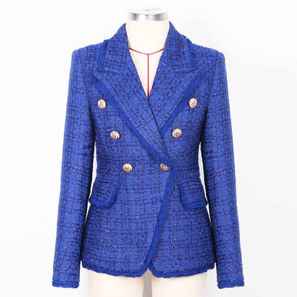 Women Tassel Fringe Trim Metal Lion Buttons Golden Checked Tweed Blazer Jacket Royal Blue