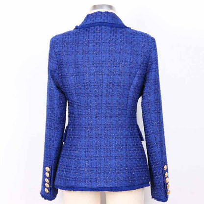 Women Tassel Fringe Trim Metal Lion Buttons Golden Checked Tweed Blazer Jacket Royal Blue