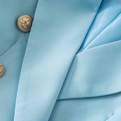 Women Light Blue Double Breasted Blazer Gold Buttons Jacket