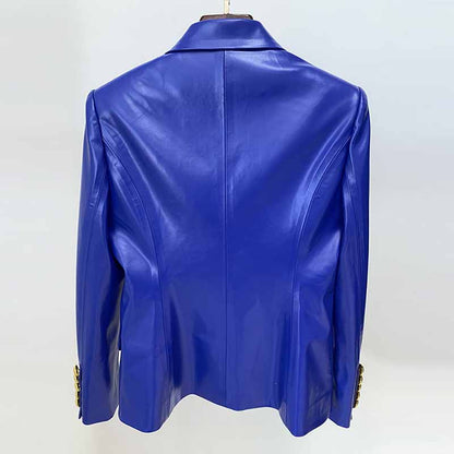 Women's Luxury Faux Leather Collar Fitted Blazer Golden Lion Buttons Royal Blue