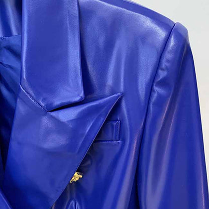 Women's Luxury Faux Leather Collar Fitted Blazer Golden Lion Buttons Royal Blue