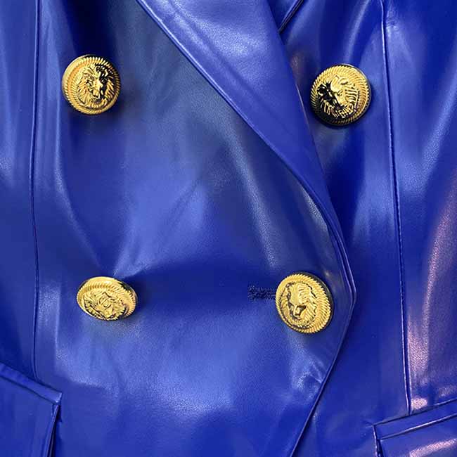 Women's Luxury Faux Leather Collar Fitted Blazer Golden Lion Buttons Royal Blue