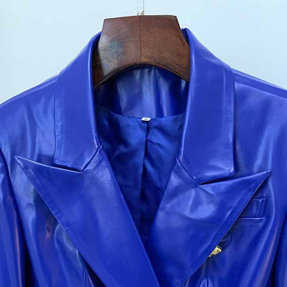 Women's Luxury Faux Leather Collar Fitted Blazer Golden Lion Buttons Royal Blue